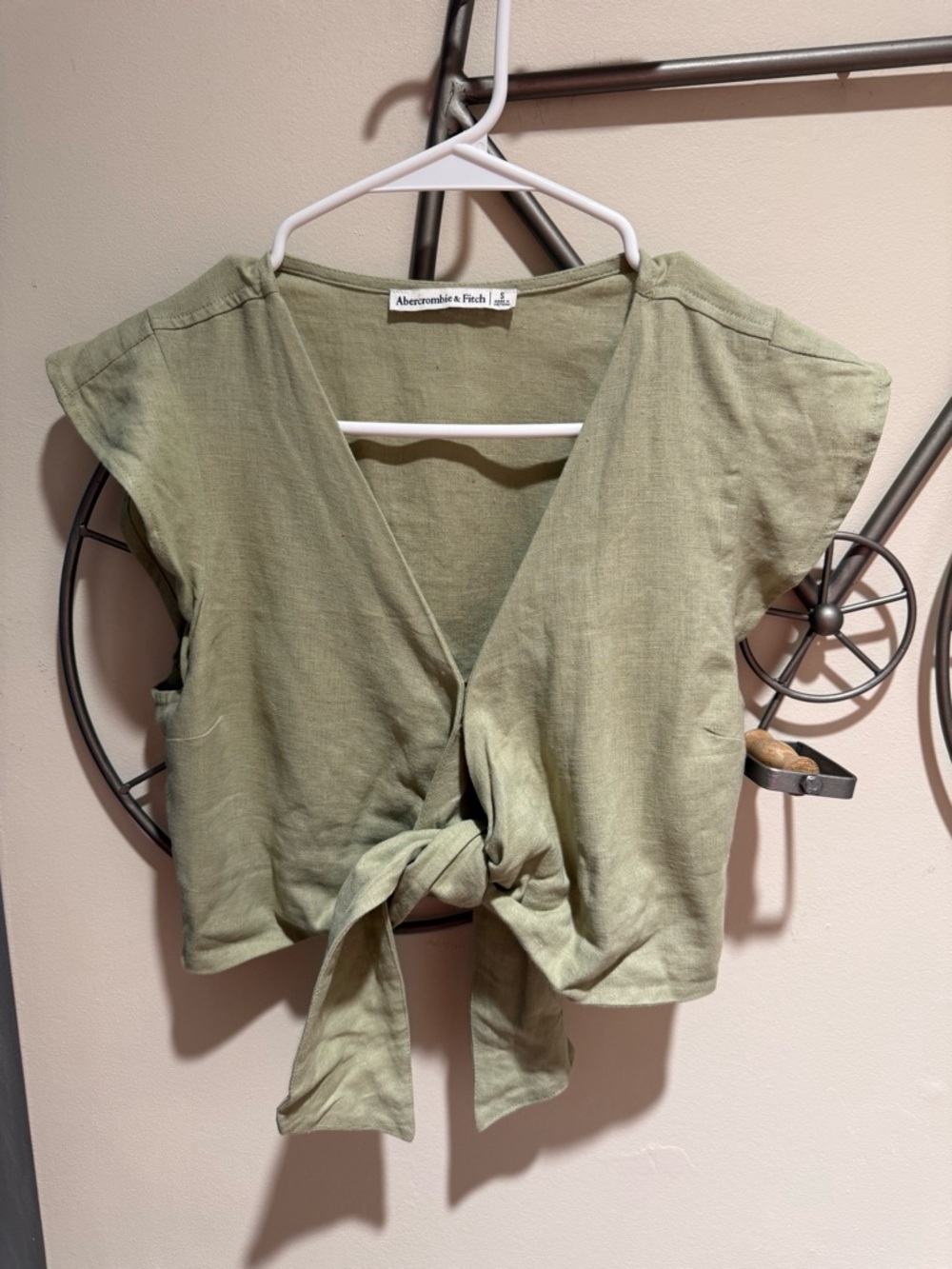 Abercrombie & Fitch Olive Tie-Front Women's Top Size S Linen Blend